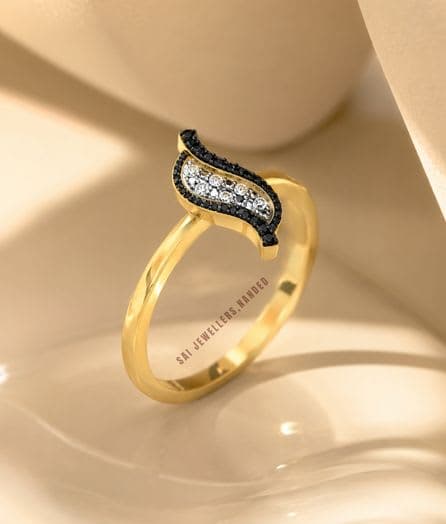 Elegant Black & White Leaf Gold Ring | Designer Gold Ring