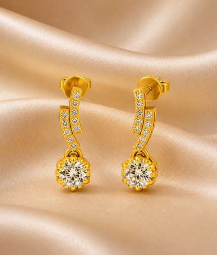Curved Halo Drop Gold Earrings