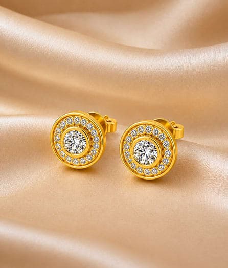Round Halo Stud Gold Earrings